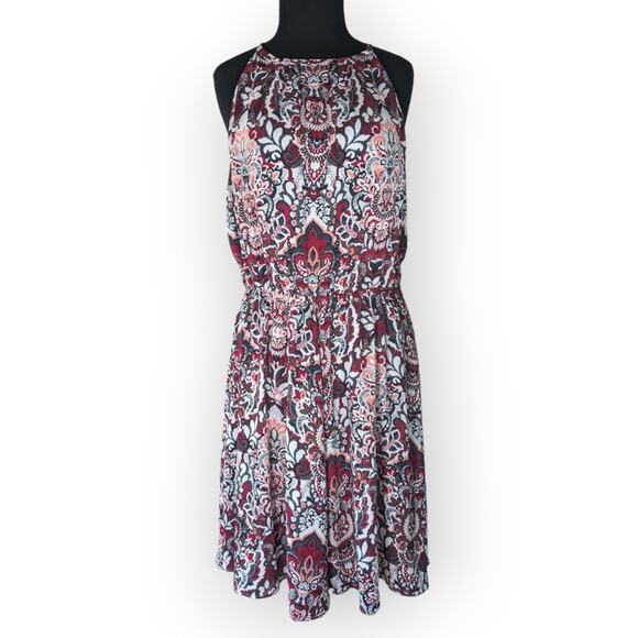 NWT Banana Republic Factory Red White Paisley Bohemian Fit & Flare Dress Large - Picture 1 of 9